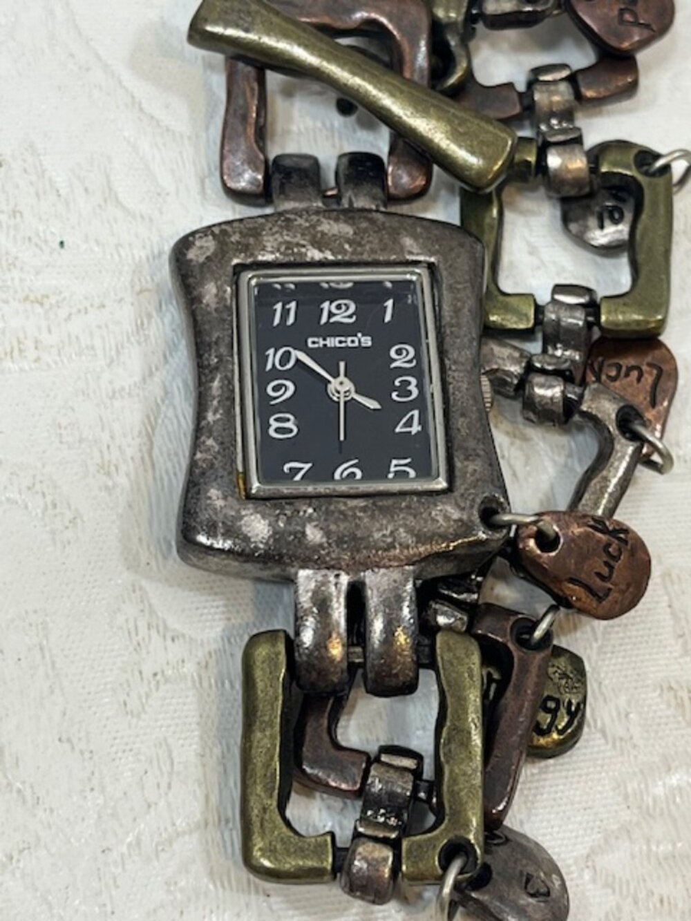 Chico's Quartz Bracelet Links Watch Distressed Metal Tones Positive Aspirations